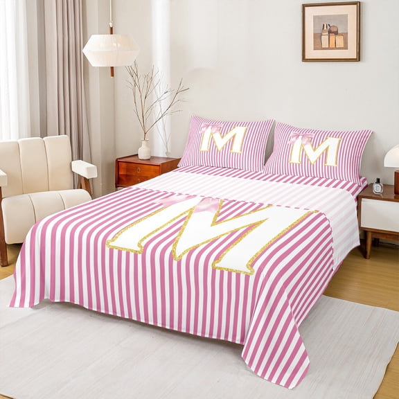 Homewish Initial M Letter Full Size Sheets, Girly Pink Stripes Abstract Bed Sheets, Princess Cartoon Bowknot Sheet Sets, Microfiber Bedroom Decor, 4 Pieces
