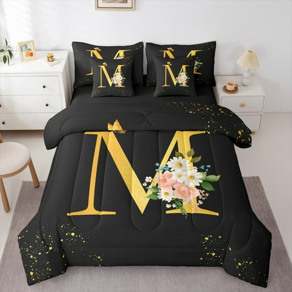 Homewish Initial M Letter Twin Bedding Sets 7-Piece, Butterfly Rose Floral Bedding Comforter Set, Black Gold Sequin Print Reversible Sheet Sets, Lightweight Room Decor