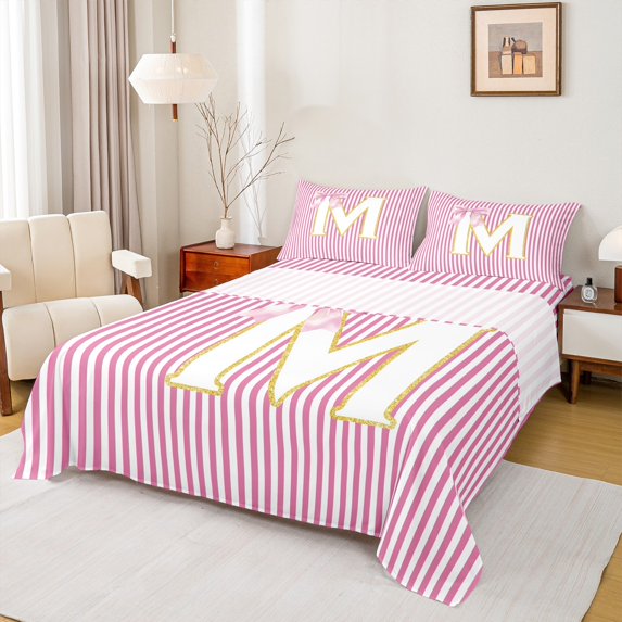 Homewish Initial M Letter Twin Sheet Sets, Girly Pink Stripes Abstract Twin Fitted Sheet, Princess Cartoon Bowknot Flat Sheet, Microfiber Bedroom Decor, 3 Pieces