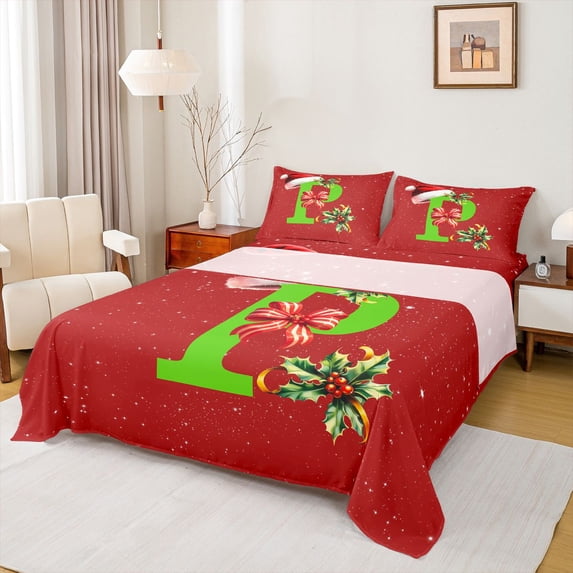 Homewish Initial P Letter Bed Sheets for Kids, Kawaii Santa Claus Hat King Sheets, Red Green Christmas Sheet Set, Luxury Bedroom Decor, 4-Piece