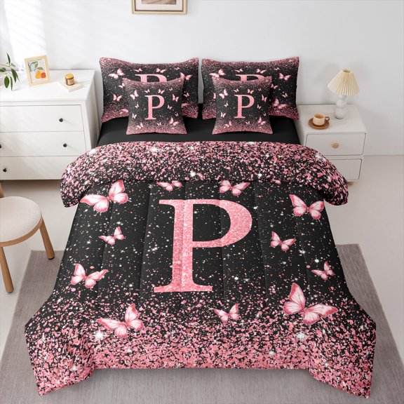 Homewish Initial P Letter Bedding Comforter Set 7pcs, Black Pink Sequin Print Queen Bedding Sets, Romantic Butterfly Animal Reversible Queen Sheet Sets, Microfiber Bedroom Decor