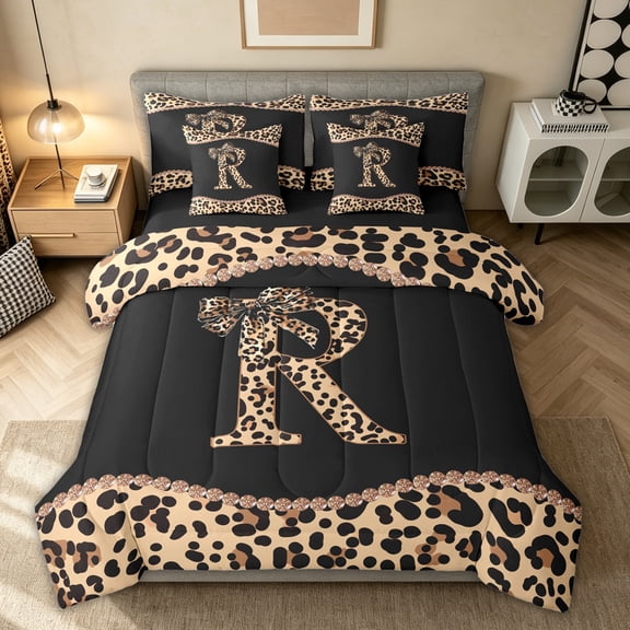 Homewish Princess Initial R Letter Bedding Comforter Set 7 Pieces for Girls Women, Fashion Bowknot Monogrammed Full Bedding Set, Black Reversible