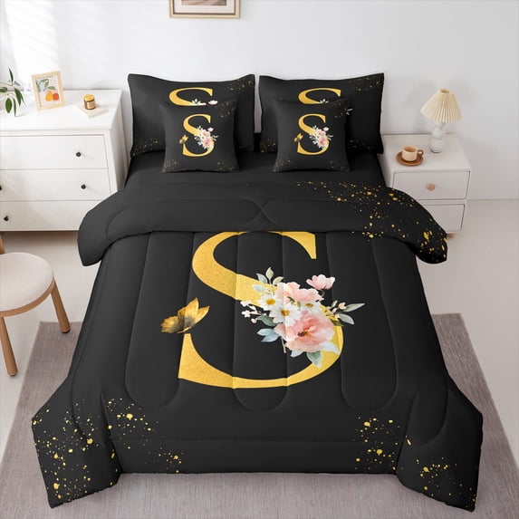 Homewish Initial S Letter Bedding Comforter Set 7 Pieces, Butterfly Rose Floral Full Bedding Set, Black Gold Sequin Print Reversible Fitted Sheet Flat Sheet, Lightweight Room Decor