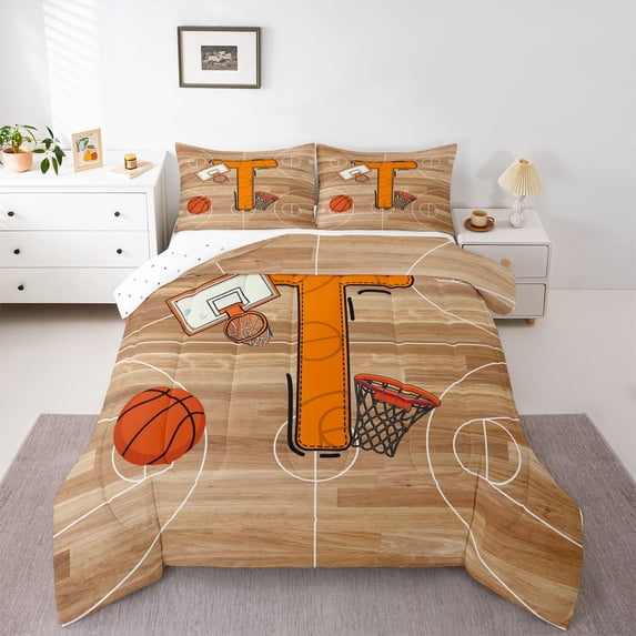 Homewish Initial T Letter Full Size Comforter Sets for Teen, Basketball Sports Lover Bedding Comforter Set, Cartoon Ball Player Reversible Bedding Sets, Ultra Soft Bedroom Decor, 3-Piece