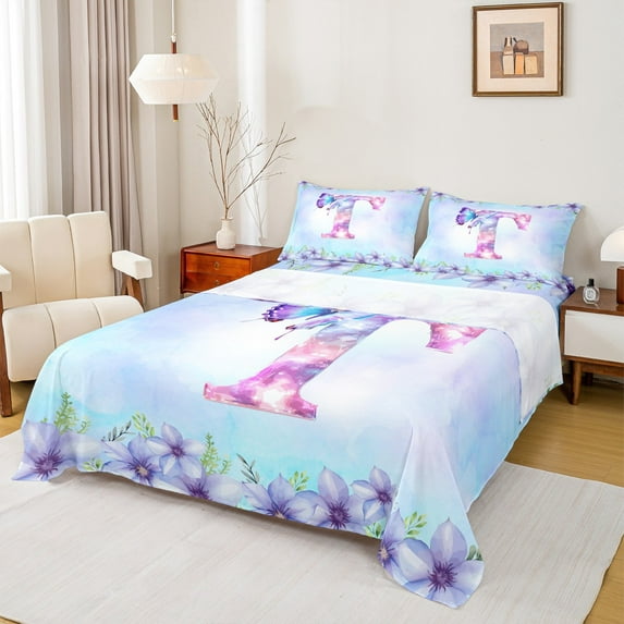 Homewish Initial T Letter Full Size Sheets for Teens, Magic Butterfly Animal Bed Sheets, Cartoon Dreamy Floral Sheet Sets, Ultra Soft Bedroom Decor, 4 Pieces
