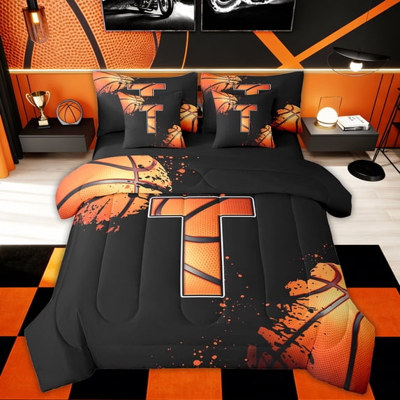 Homewish Initial T Letter Twin Bedding Sets 7-Piece for Kids, Cartoon Basketball Sport Bedding Comforter Set, Black Orange Reversible Sheet Sets, Ultra Soft Bedroom Decor