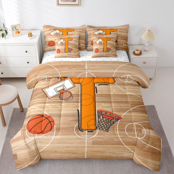Homewish Initial T Letter Twin Bedding Sets 7-Piece for Teen, Basketball Sports Lover Bedding Comforter Set, Cartoon Ball Player Reversible Sheet Sets, Ultra Soft Bedroom Decor