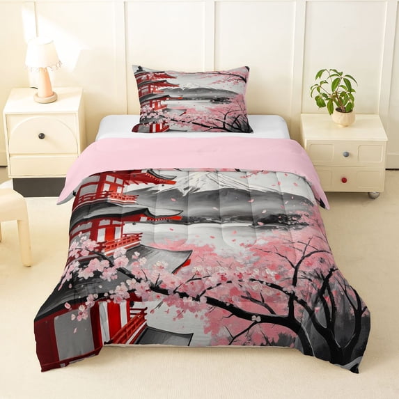 Homewish Ink Wash Cherry Blossom Twin Comforter Sets,Japanese Style Bedding Set,Pink Red,Pink Reversible,2pcs,1 Comforter and 1 Pillowcase