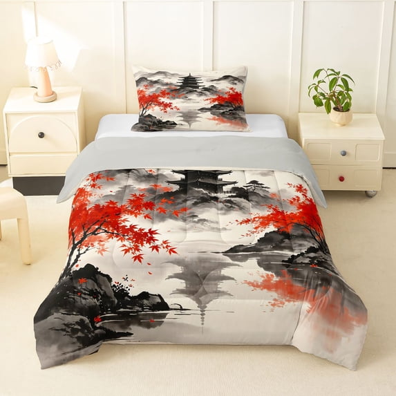 Homewish Ink Wash Maple Leaf Twin Comforter Sets,Japanese Art Print Bedding Set,Light Gray Reversible,2-Piece,1 Comforter and 1 Pillowcase