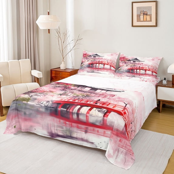 Homewish Japan Bridge Architecture Queen Sheet Sets,Cherry Blossom Sakura Flat Sheet,Pink Red Queen Fitted Sheet For Adults,Ultra Soft Home Decor,4-Piece