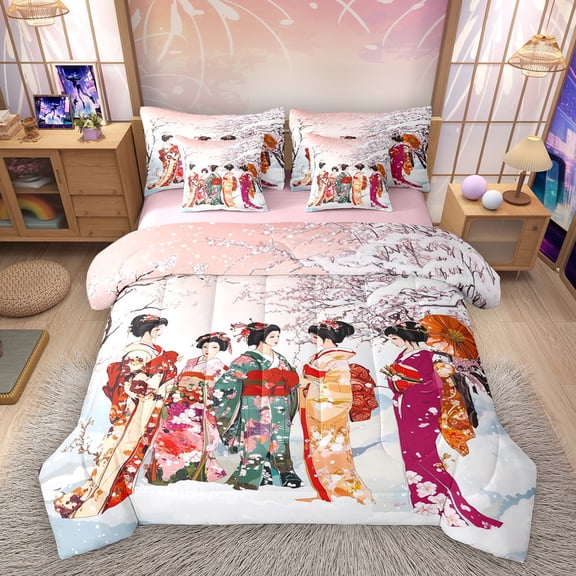 Homewish Japan Geisha 7-Piece Twin Bedding Sets,Sakura Cherry Blossom Bedding Comforter Set,Pink White Red Sheet Sets For Girls,Super Cozy Room Decor Reversible