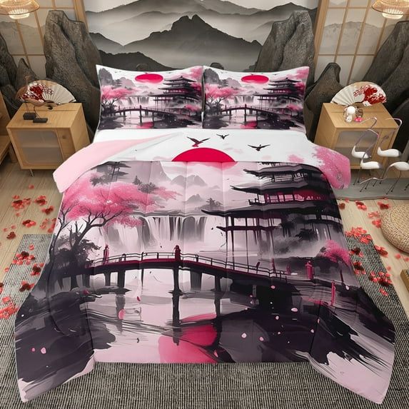 Homewish Japan Ink Painting Bedding Comforter Set,Japanese Natural Scenery Twin Comforter Sets,Pink Flower Waterfall Bedding Set For Adults,Ultra Soft Home Decor Reversible,2 Pieces