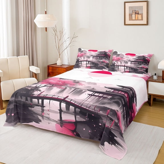 Homewish Japan Ink Painting Queen Sheet Sets,Japanese Natural Scenery Flat Sheet,Pink Flower Waterfall Queen Fitted Sheet For Adults,Ultra Soft Home Decor,4-Piece