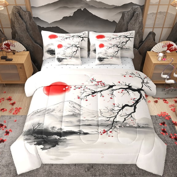 Homewish Japan Sakura 7-Piece Twin Bedding Sets,Exotic Style Bedding Comforter Set,Natural Landscape Sheet Sets For Teens,Breathable Home Decor Reversible