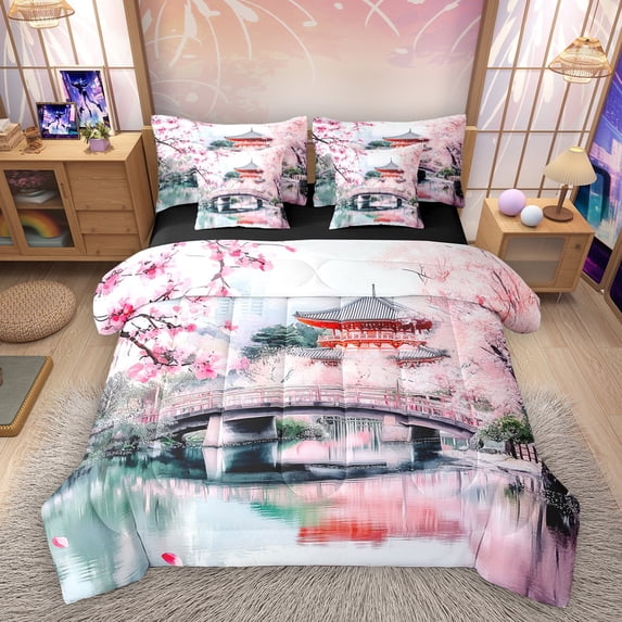 Homewish Japan Sakura 7-Piece Twin Bedding Sets,Pink Cherry Blossom Bedding Comforter Set,Japanese Ukiyo-E Sheet Sets For Men Women,Luxury Bedroom Decor Reversible