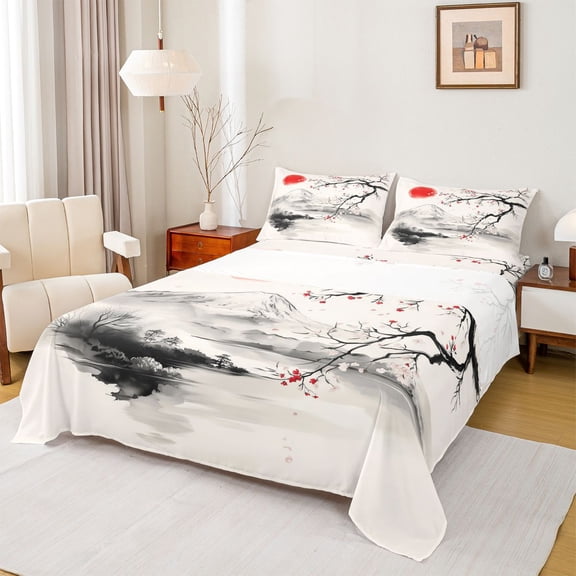 Homewish Japan Sakura Bed Sheets,Exotic Style King Sheets,Natural Landscape Sheet Set For Teens,Breathable Home Decor,4-Piece