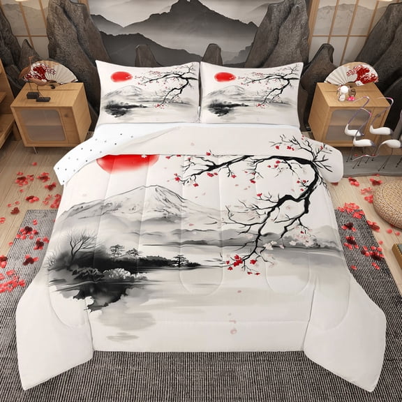 Homewish Japan Sakura Queen Comforter Set,Exotic Style Bedding Sets,Natural Landscape Bedding Comforter Set For Teens,Breathable Home Decor Reversible,3pcs