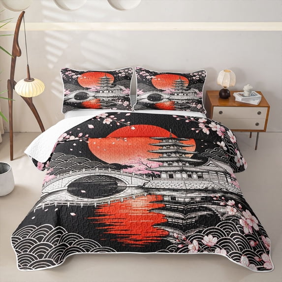 Homewish Japanese Cherry Blossom Quilt Full,Ukiyo e E Print Full Bedspread Sets,Black Red Pink,3pcs