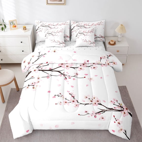 Homewish Japanese Cherry Blossoms Bedding Comforter Set 7-Piece, Pink Flower Floral King Bedding Sets, Teens Kids Girls Women Reversible Bed Sheets, Lightweight Room Decor