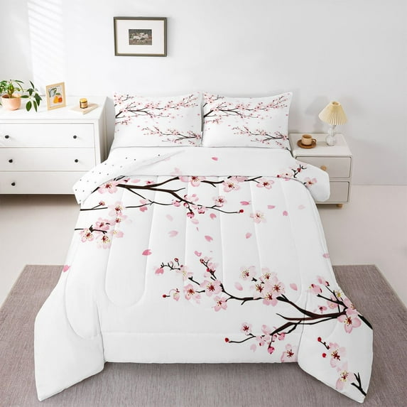 Homewish Japanese Cherry Blossoms Full Size Comforter Sets, Pink Flower Floral Bedding Comforter Set, Teens Kids Girls Women Reversible Bedding Sets, Lightweight Room Decor, 3-Piece