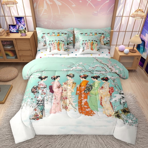 Homewish Japanese Geisha Girl 7-Piece Bedding Comforter Set,Pink Cherry Blossom King Bedding Sets,Japan Style Bed Sheets For Kids,Ultra Soft Home Decor Reversible