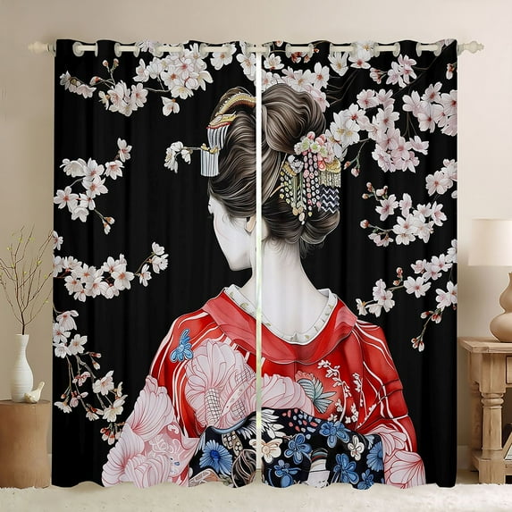 Homewish Japanese Geisha Girl Curtains Pack of 2 (42x84 Each),Ukiyo Style Curtains Blackout,Pink Cherry Blossom Bedroom Curtains For Girls Kids,Ultra Soft Home Decor