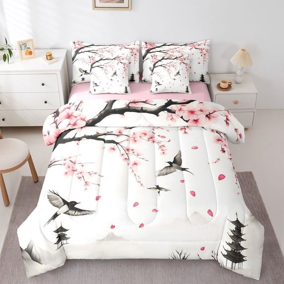 Homewish Japanese Ink Landscape 7-Piece Twin Bedding,Cherry Blossom Floral Bedding Comforter Set,Pink Reversible