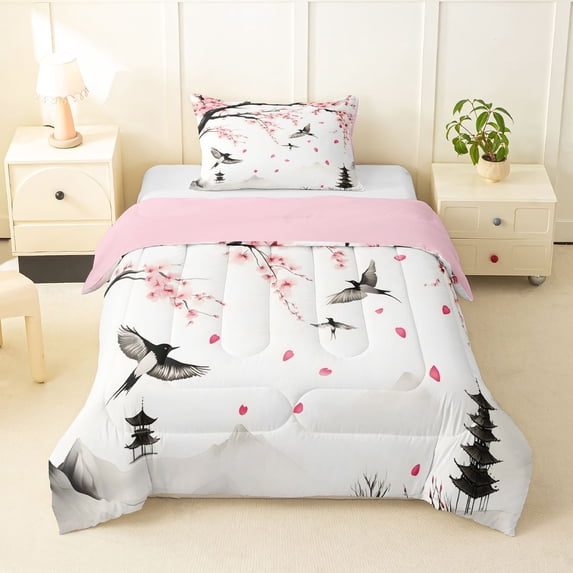 Homewish Japanese Ink Landscape Twin Comforter Sets,Cherry Blossom Floral Bedding Set,Pink Reversible,2 Pieces,1 Comforter and 1 Pillowcase