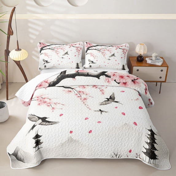 Homewish Japanese Ink Landscape Twin Quilt Set,Cherry Blossom Twin Coverlet Set,2 Pieces
