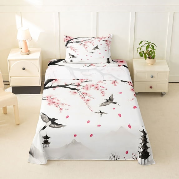 Homewish Japanese Ink Landscape Twin Sheets,Cherry Blossom Swallow Bedding,3 Pieces,1 Fitted Sheet and 1 Pillowcase