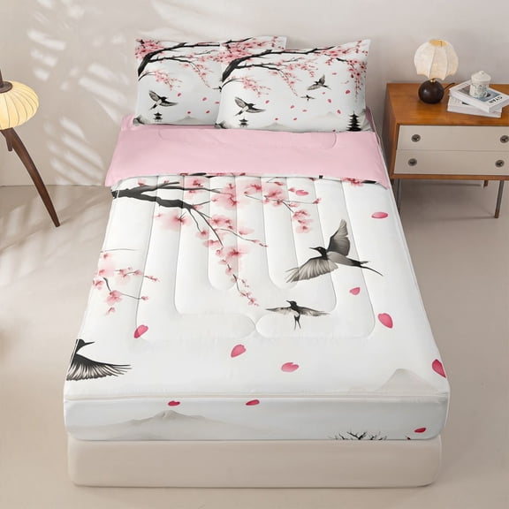 Homewish Japanese Ink Landscape Zipper Queen Comforter Set with Fitted Sheet and 2 Pillowcases,Cherry Blossom Floral Zipper Bedding Set,Pink Reversible,4pcs