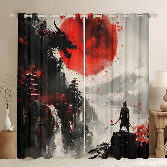 Homewish Japanese Ink Painting Blackout Curtains Set of 2 (52x84 Each),Samurai Dragon Landscape Curtain