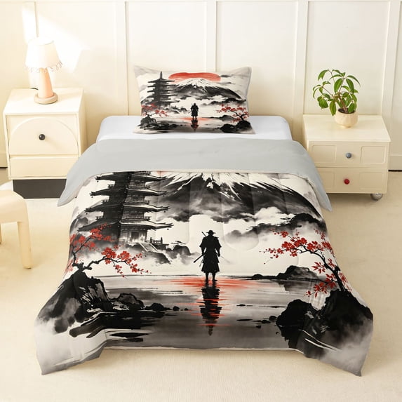Homewish Japanese Landscape Twin Comforter Sets,Sunset Ink Painting Bedding Set,Red Cream,Light Gray Reversible,2pcs,1 Comforter and 1 Pillowcase