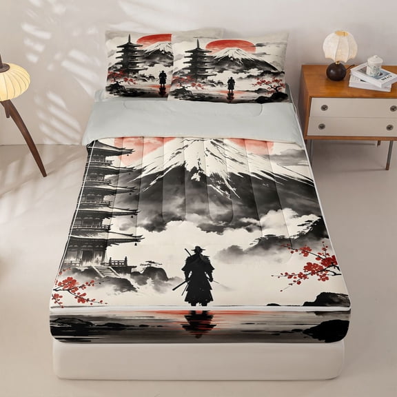 Homewish Japanese Landscape Zipper Twin Comforter Sets with Fitted Sheet and 2 Pillowcases,Sunset Ink Painting Zipper Bedding Set,Red Cream,Light Gray Reversible,4pcs