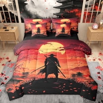 Homewish Japanese Samurai 7-Piece Twin Bedding Sets,Sakura Cherry Blossom Bedding Comforter Set,Black Orange Sheet Sets For Men Women,Luxury Bedroom Decor Reversible