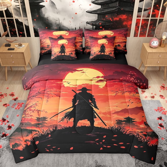 Homewish Japanese Samurai 7-Piece Twin Bedding Sets,Sakura Cherry Blossom Bedding Comforter Set,Black Orange Sheet Sets For Men Women,Luxury Bedroom Decor Reversible