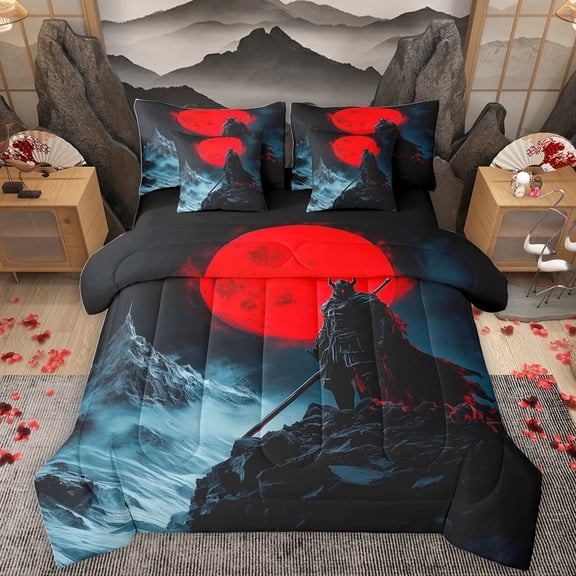 Homewish Japanese Samurai 7-Piece Twin Bedding Sets,Snow Mountain Bedding Comforter Set,Orange Sunset Moon Sheet Sets For Boys Kids,Super Cozy Room Decor Reversible