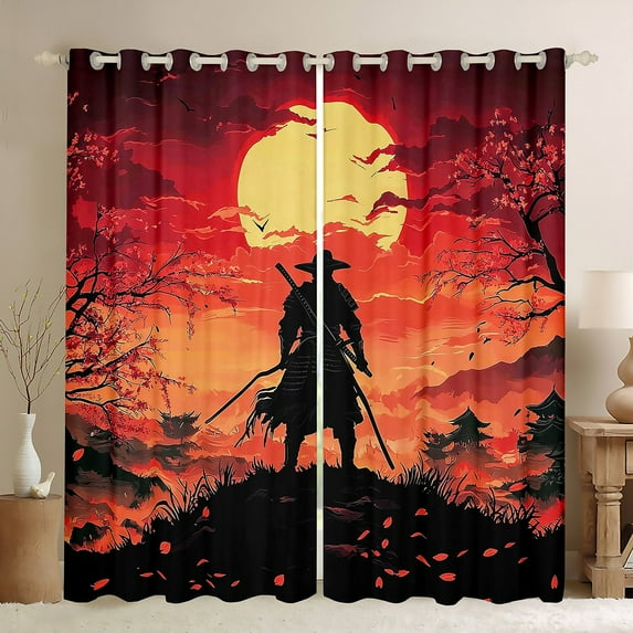 Homewish Japanese Samurai Black Out Curtains,Sakura Cherry Blossom Curtains Pack of 2 (42x63 Each),Black Orange Bedroom Curtains For Men Women,Luxury Bedroom Decor