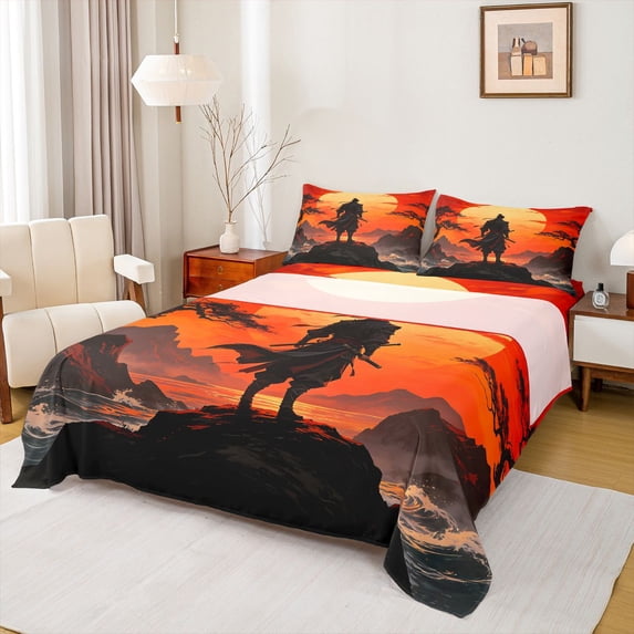 Homewish Japanese Samurai Landscape Bed Sheets,Sunset Ink Painting Full Size Sheets,Orange Red,4 Pieces,1 Flat Sheet, 1 Fitted Sheet and 2 Pillowcases