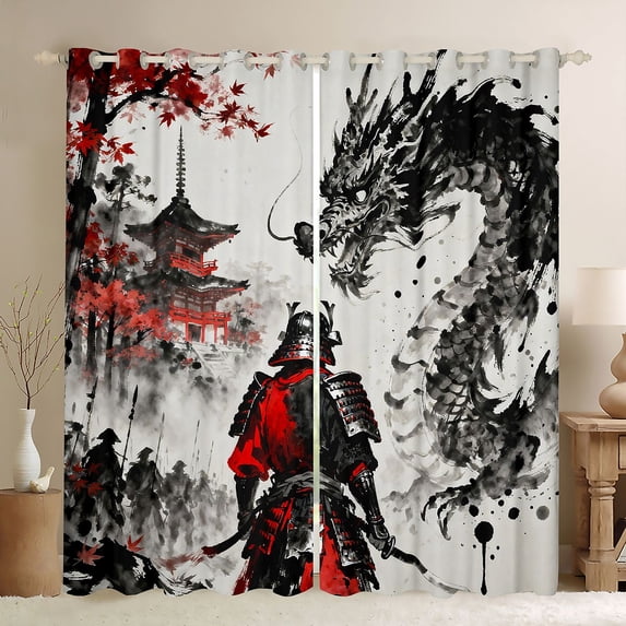 Homewish Japanese Samurai Landscape Blackout Curtains Set of 2 (52x84 Each),Dragon Animal Curtain,Cream Red