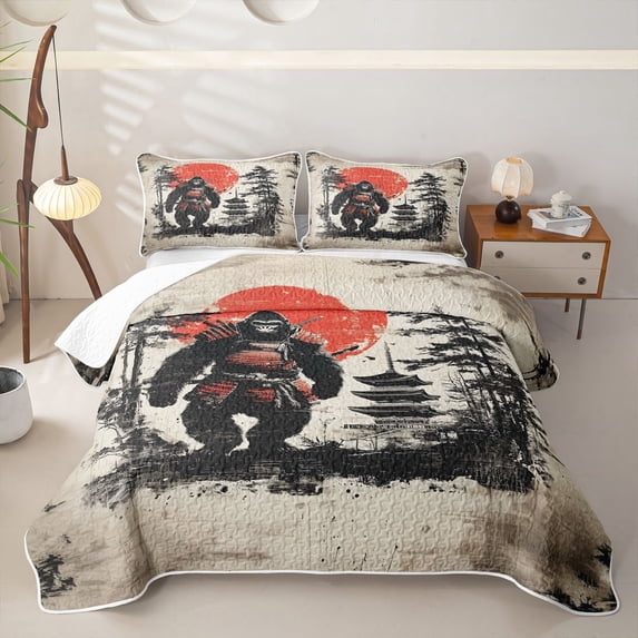 Homewish Japanese Samurai Landscape Quilt King,Pine Trees Red Sun King Coverlet Set,3-Piece