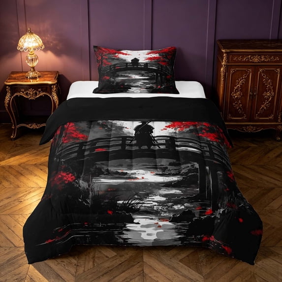 Homewish Japanese Samurai Twin Comforter Sets for Boys, Retro Ukiyoe Bedding Set, Black Gray Red, Black Reversible 2pcs, 1 Comforter and 1 Pillowcase