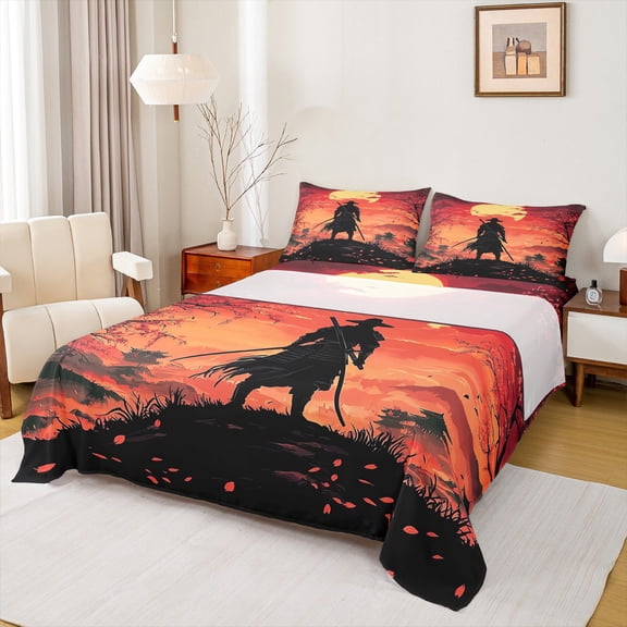 Homewish Japanese Samurai Twin Sheet Sets,Sakura Cherry Blossom Twin Fitted Sheet,Black Orange Flat Sheet For Men Women,Luxury Bedroom Decor,3-Piece