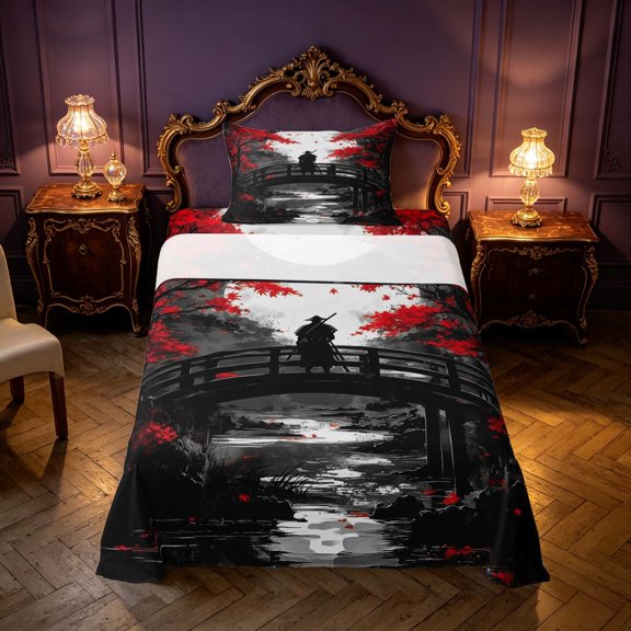 Homewish Japanese Samurai Twin Sheets for Boys, Retro Ukiyoe Bedding, Black Gray Red, 3pcs, 1 Flat Sheet, 1 Fitted Sheet and 1 Pillowcase