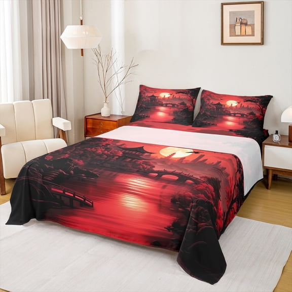 Homewish 4-Piece King Sheet Set, Japanese Traditional Art, Soft Kids Bedding