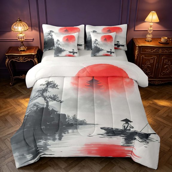 Homewish Japanese Style Twin Bedding, Ink Painting Nature Bedding Comforter Set, Gray Reversible 7pcs