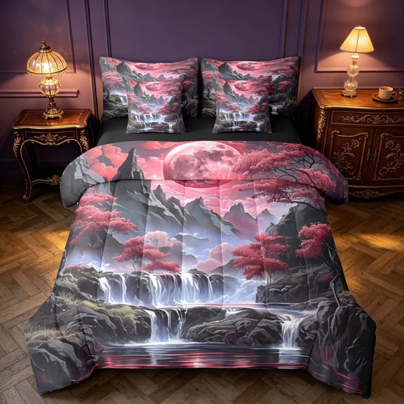 Homewish Japanese Style Twin Bedding, Moon Tree Mountain Waterfall Bedding Comforter Set, Black Reversible 7 Pieces