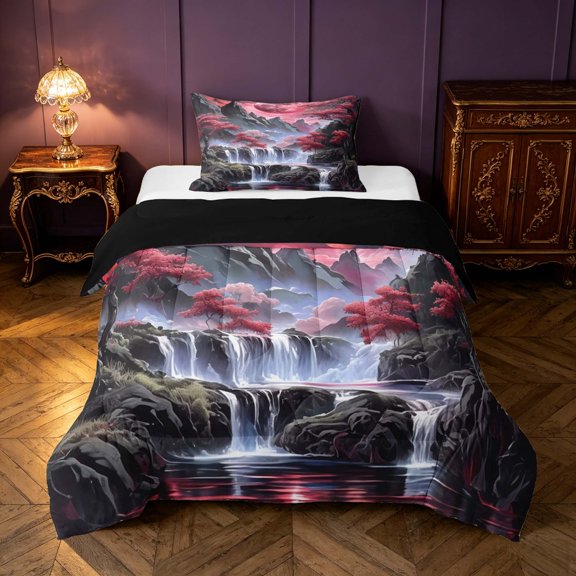 Homewish Japanese Style Twin Comforter Sets, Moon Tree Mountain Waterfall Bedding Set, Black Reversible 2 Pieces, 1 Comforter and 1 Pillowcase