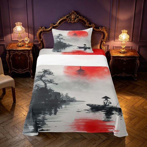 Homewish Japanese Style Twin Sheets, Ink Painting Nature Bedding, 3-Piece, 1 Flat Sheet, 1 Fitted Sheet and 1 Pillowcase