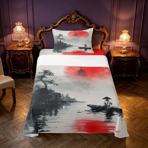 Homewish Japanese Style Twin Sheets, Ink Painting Nature Bedding, 3-Piece, 1 Flat Sheet, 1 Fitted Sheet and 1 Pillowcase